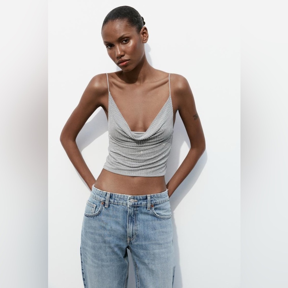 ZARA SHINY TULLE TOP - DARK GREY